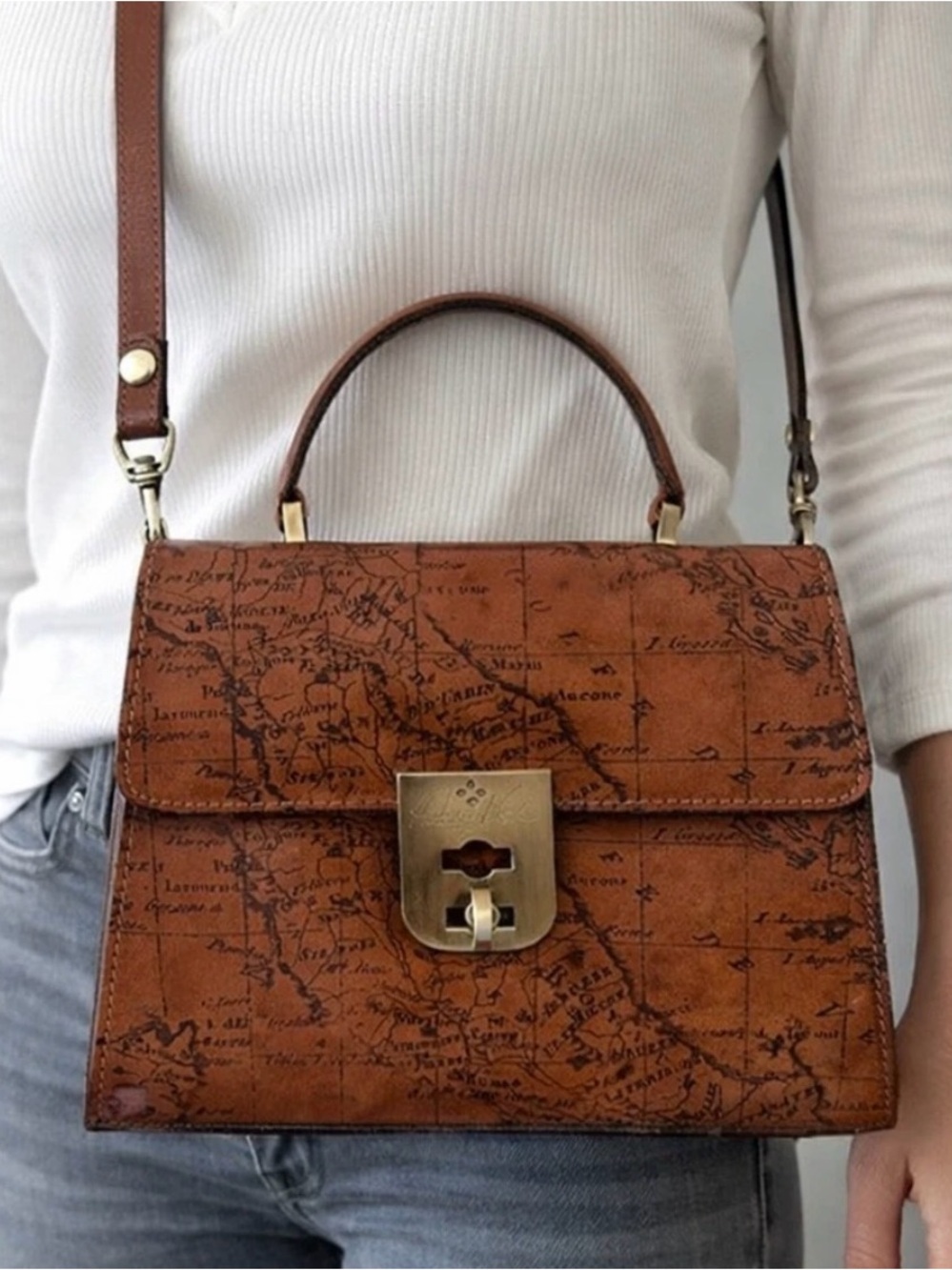 Patricia Nash Chauny Riot Rust Map Print Leather Crossbody Handbag
